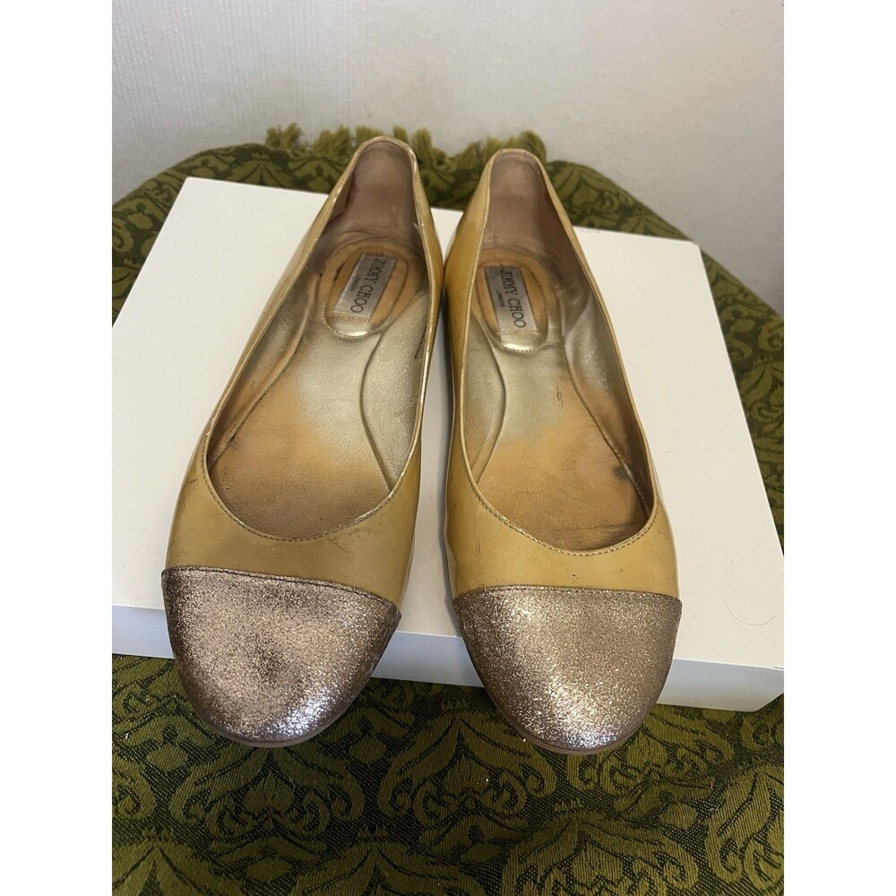 Jimmy Choo Whirl Ballet Flat Nude Patent Leather Champagne Gold Glitter 39.5
